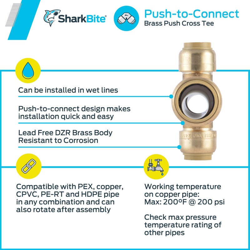 SharkBite 3/4 x 3/4 x 1/2 x 1/2 Inch Cross Tee, Push To Connect Brass Plumbing Fitting, PEX Pipe, Copper, CPVC, PE-RT, HDPE, U380LFA - Image 4